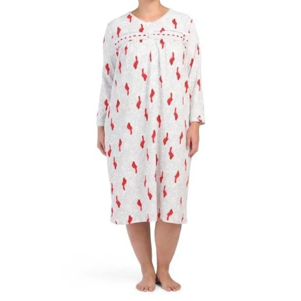 Relaxed Soft Stretchy Cozy Bird Novelty Printed Fleece Nightgown Plus Size 1X
